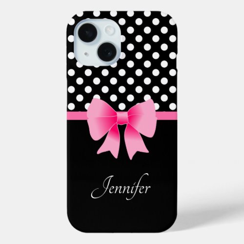 Pink Ribbon Black  White Polka Dots Name iPhone 15 Case