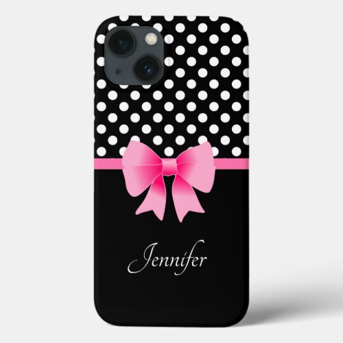 Pink Ribbon Black  White Polka Dots Name iPhone 13 Case