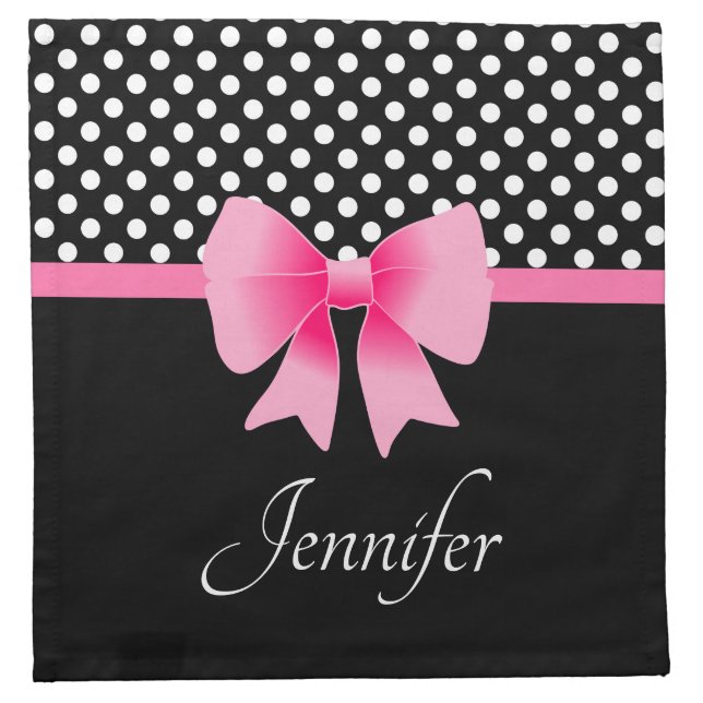 Pink Ribbon Black & White Polka Dots Name Cloth Napkin (Front)