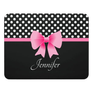 Pink Ribbon Black & White Polka Dots Name Door Sign