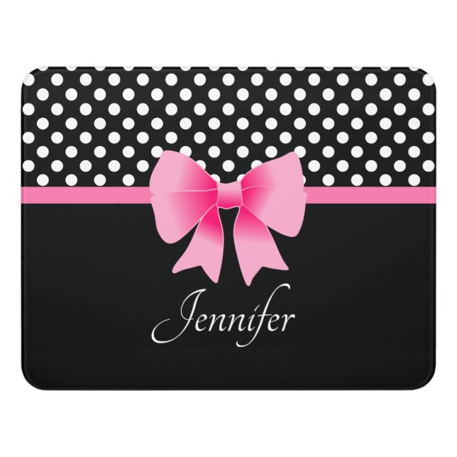 Pink Ribbon Black & White Polka Dots Name Door Sign (Contemporary Front)