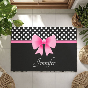 Pink Ribbon Black & White Polka Dots Name Doormat