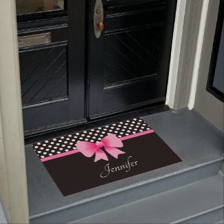 Pink Ribbon Black & White Polka Dots Name