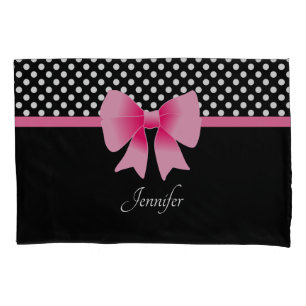 Pink Ribbon Black & White Polka Dots Name Pillow Case