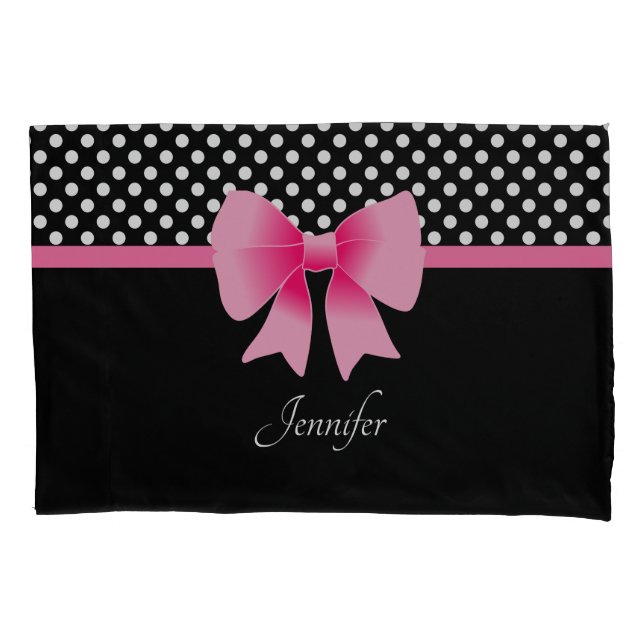 Pink Ribbon Black & White Polka Dots Name Pillow Case (Front-Left)