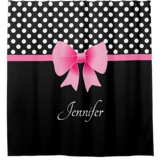 Pink Ribbon Black & White Polka Dots Name