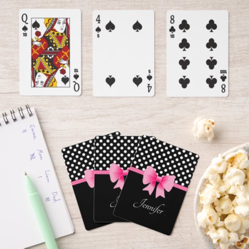 Pink Ribbon Black  White Polka Dots Pattern Canasta Cards