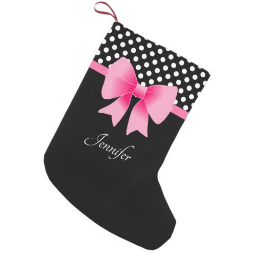 Pink Ribbon Black  White Polka Dots Pattern Name Small Christmas Stocking