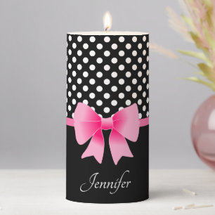 Pink Ribbon Black & White Polka Dots Pattern Pillar Candle