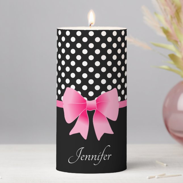 Pink Ribbon Black & White Polka Dots Pattern Pillar Candle (In Situ)