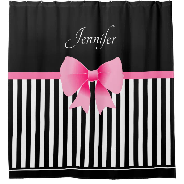 Pink Ribbon Black White Stripes, Pink And Black Striped Shower Curtain