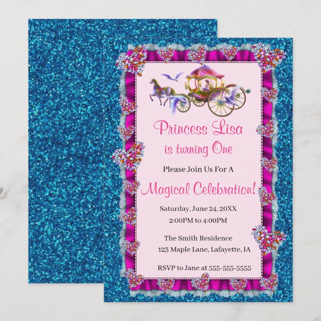 Pink Ribbon Blue Glitter Royal Princess Birthday Invitation (Front/Back)