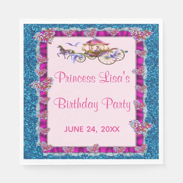 Pink Ribbon Blue Glitter Royal Princess Birthday Napkins (Front)