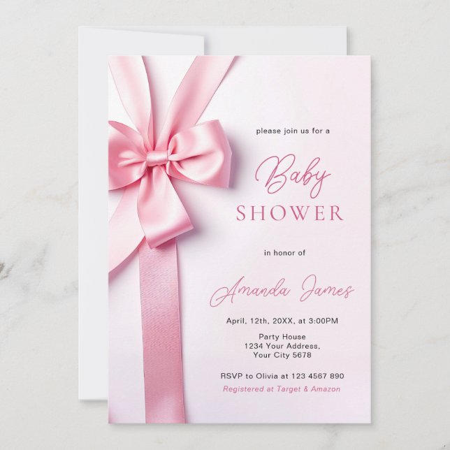 Pink Ribbon Bow Baby Shower Invitation (Front)
