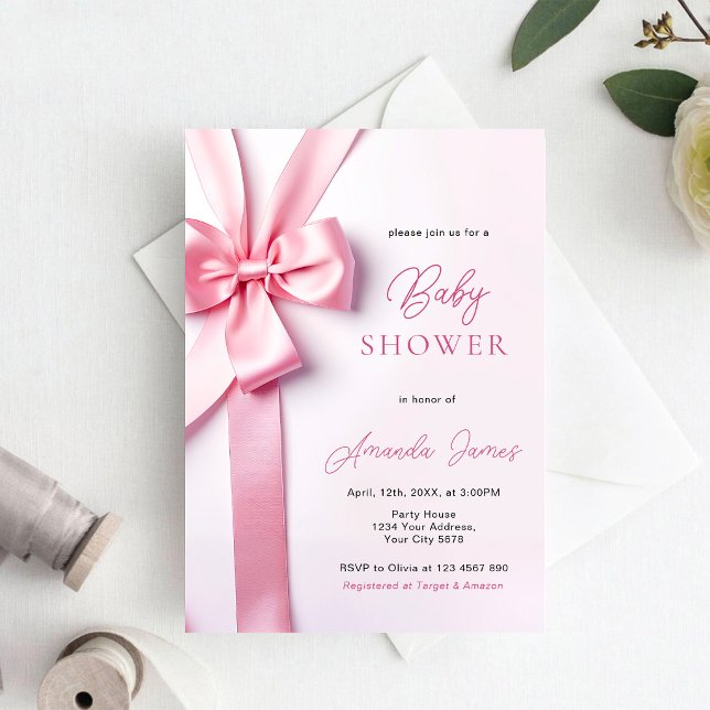 Pink Ribbon Bow Baby Shower Invitation (Creator Uploaded)