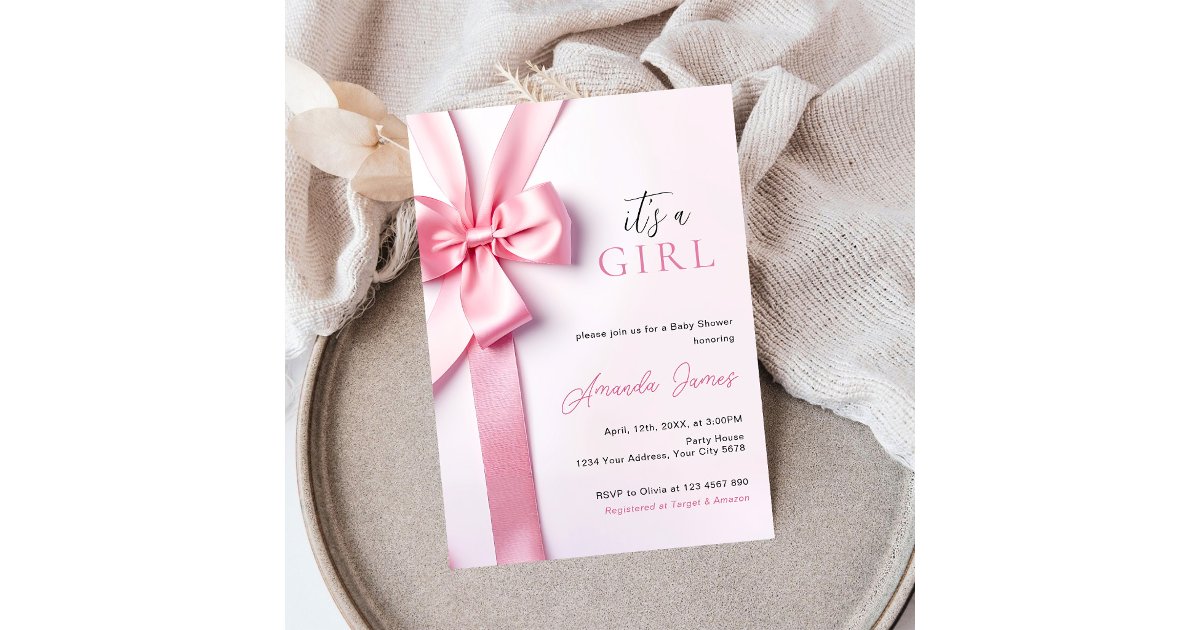 Pink Ribbon Bow Baby Shower It's a Girl Invitation | Zazzle