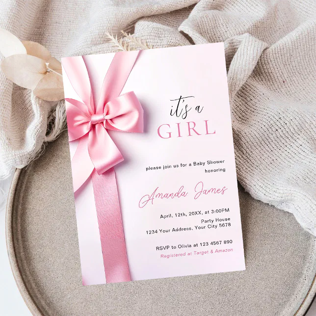 Pink Ribbon Bow Baby Shower It's a Girl Invitation | Zazzle