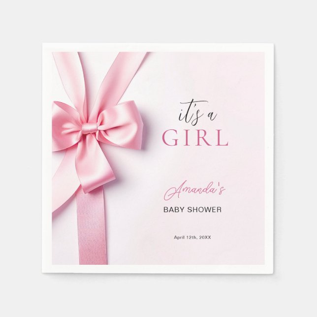 Pink Ribbon Bow Baby Shower It's a Girl Napkins (Front)