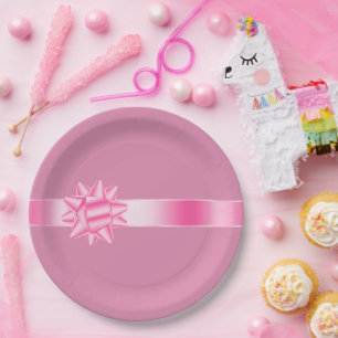Pink Ribbon Bow Birthday Paper Plates
