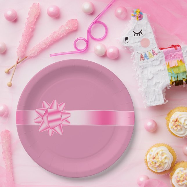 Pink Ribbon Bow Birthday Paper Plates (Party)