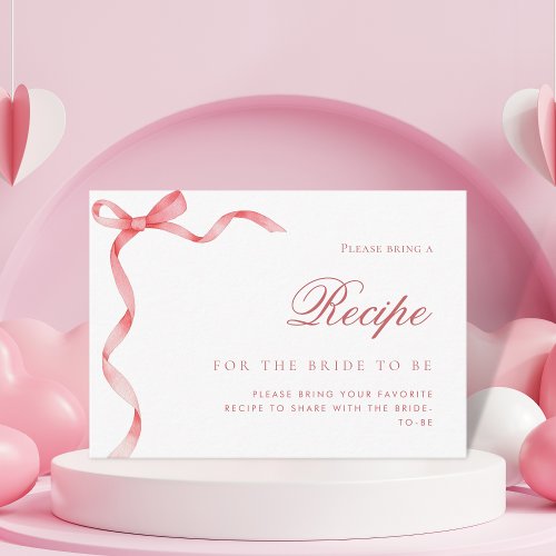 Pink Ribbon Bow Bridal Shower Recipe Request Enclosure Card