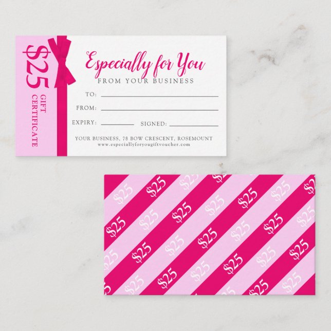 Pink ribbon bow business gift $25 gift certificate note card (Front/Back)