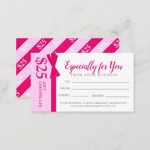 Pink ribbon bow business gift 25 gift certificate note card