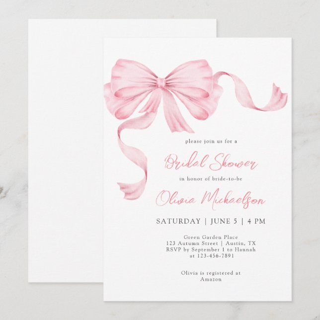 Pink Ribbon Bow Coquette Minimalist Bridal Shower Invitation (Front/Back)