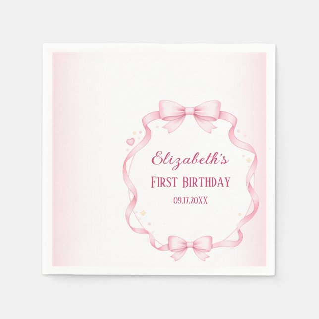 Pink Ribbon Bow First Birthday Square Sticker Napkins (Front)