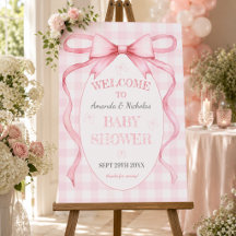 Pink Ribbon Bow Gingham Baby Shower Welcome Sign