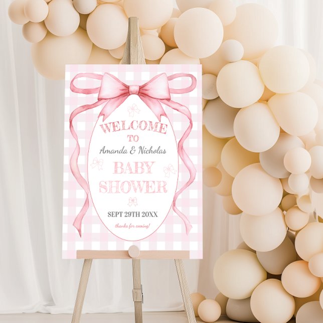 Pink Ribbon Bow Gingham Baby Shower Welcome Sign (Creator Uploaded)