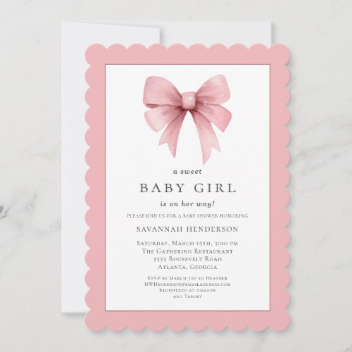 Pink Ribbon Bow Girl Baby Shower Invitation