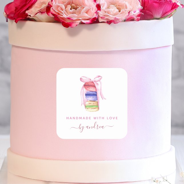 Pink Ribbon Bow Macaroons French Bakery Handmade Square Sticker (Creator Uploaded)