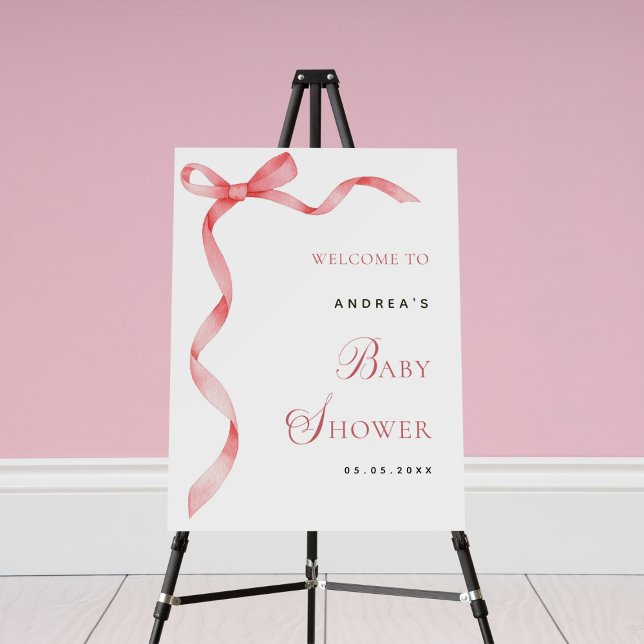 Pink Ribbon Bow Modern Baby Shower Welcome Sign (Creator Uploaded)