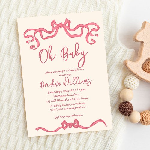 Pink ribbon bow scribble sketch baby shower invitation