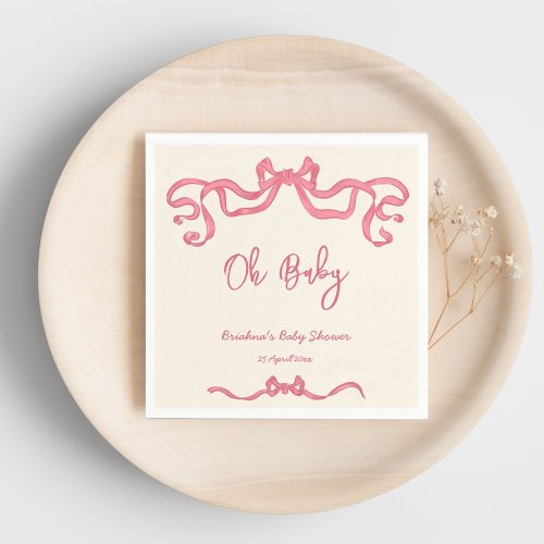 Pink ribbon bow scribble sketch baby shower napkins