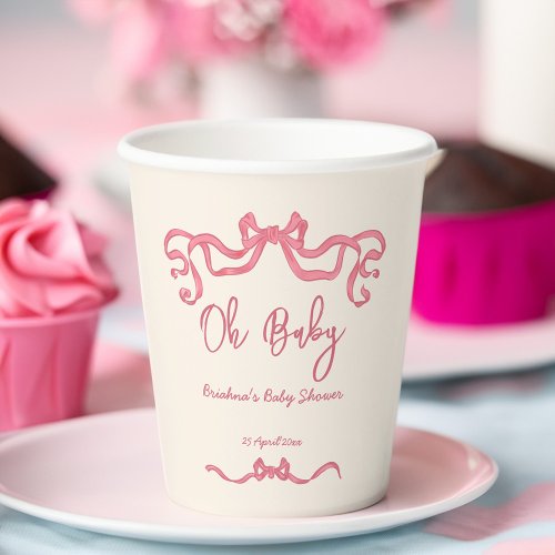 Pink ribbon bow scribble sketch baby shower paper cups