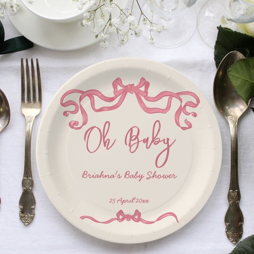 Pink ribbon bow scribble sketch baby shower paper plates