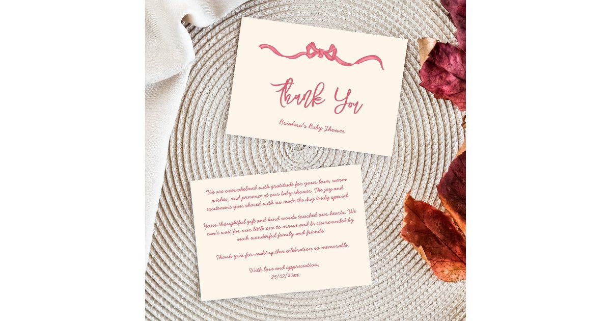 Pink ribbon bow sketch baby shower thank you card | Zazzle