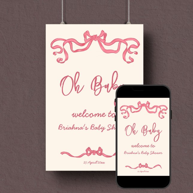Pink ribbon bow sketch baby shower welcome sign (Pink ribbon bow sketch baby shower welcome sign poster template digital download personalized decor)