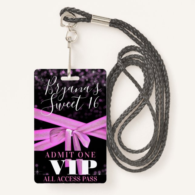 Pink Ribbon Bow Sweet 16 Party VIP Pass Badge (Front with Lanyard)