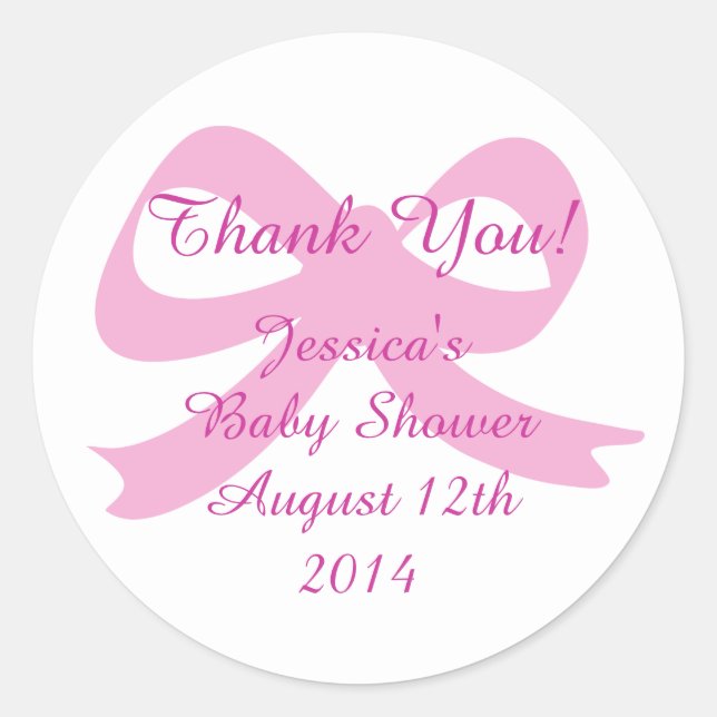 Pink ribbon bow thank you stickers for baby shower (Front)