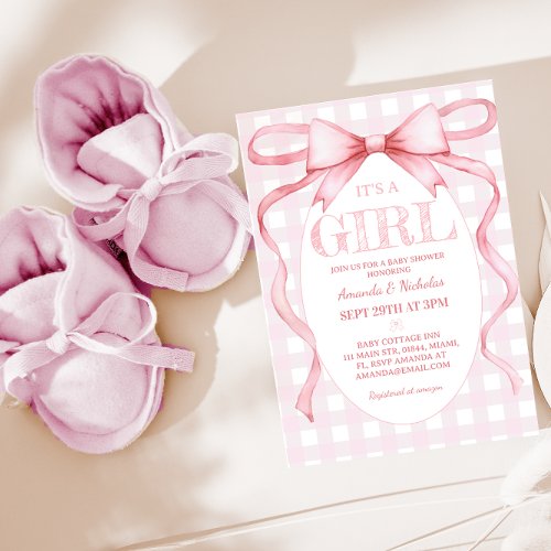 Pink Ribbon Bow Vintage Cute Its A Girl Shower  Invitation