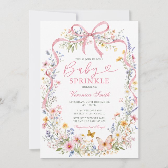 Pink Ribbon Bow Wildflower Baby Sprinkle Invitation (Front)
