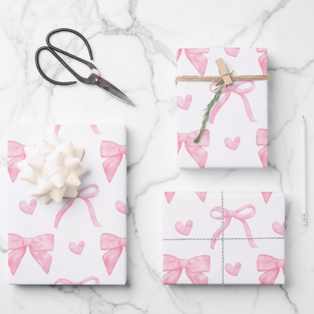 Pink Ribbon & Bow Wrapping Paper Flat Sheet (Front)