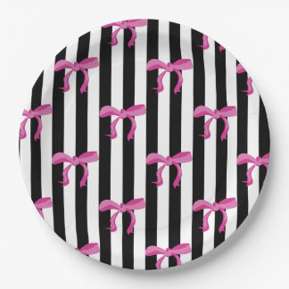 Pink ribbon bows on black and white stripes paper plates