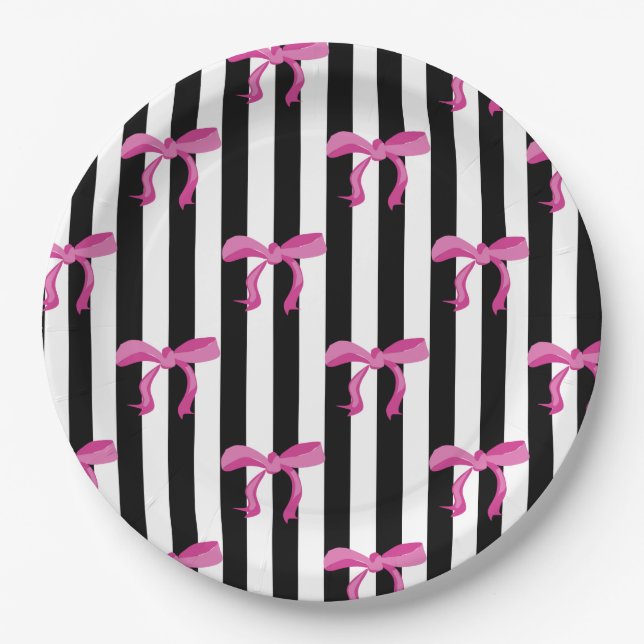 Pink ribbon bows on black and white stripes paper plates (Front)
