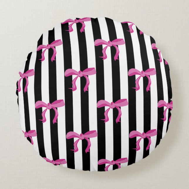 Pink ribbon bows on black and white stripes round pillow (Front)