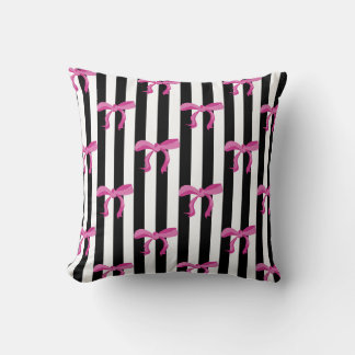 Pink ribbon bows on black and white stripes throw pillow