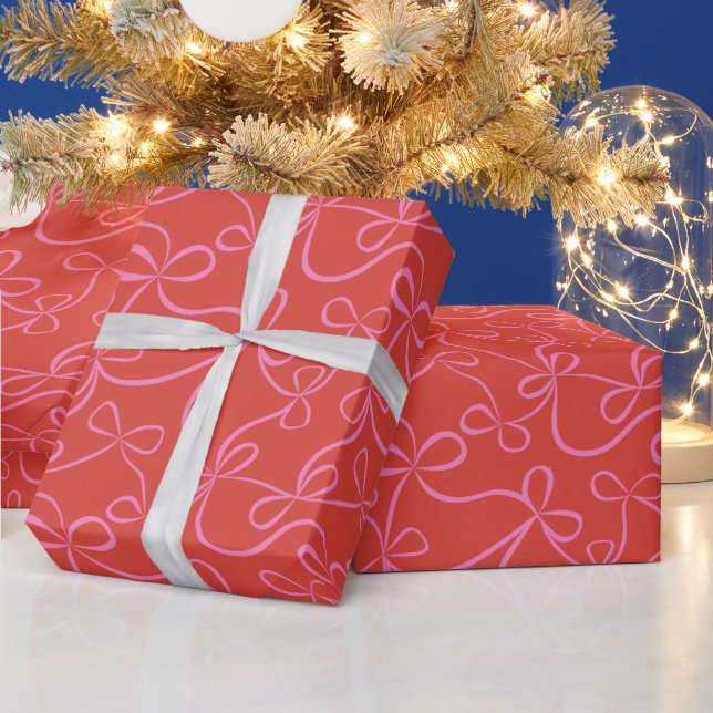 Pink Ribbon Bows on Red Modern Holiday Wrapping Paper (Holidays)